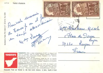 Tenerife, Wyspy Kanaryjskie — widok góry, portu i kobiet noszących koszyki z kwiatami — John Hinde Limited, Dublin — Rewers