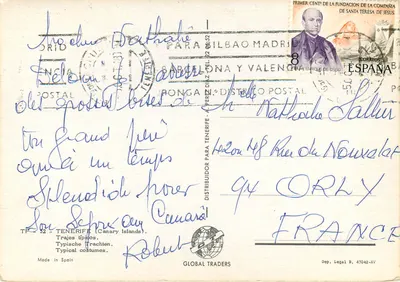 Dwie osoby w typowych strojach z Kanaryjskich Wysp — Tenerife — wydawca GLOBAL TRADERS, nr TF-32 — Rewers