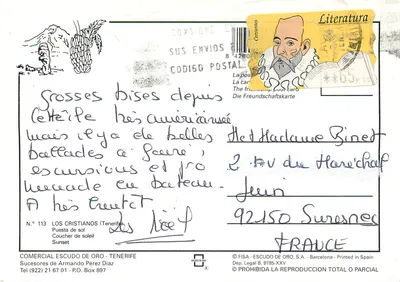 Pôr do sol — Tenerife — Éditeur LOS CRISTIANOS, n° 113 — Verso