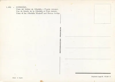 Kordoba — Widok Młyna Albolafia i mostu rzymskiego — seria 1.442 — Rewers