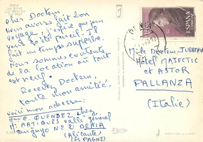 Rochers brzegowe w Dénii — Pamiątka z Dénii — wydawca Postales Javier — Rewers
