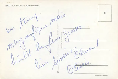 La Escala (Costa Brava) — widok portu z wieżą i łodziami — wydawca CARRERA GERONA, n° G — Rewers