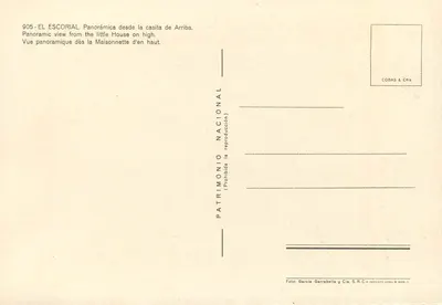 El Escorial — vista panoramica dalla casita de Arriba — editore COBAS & Cía, n° 905 — Verso