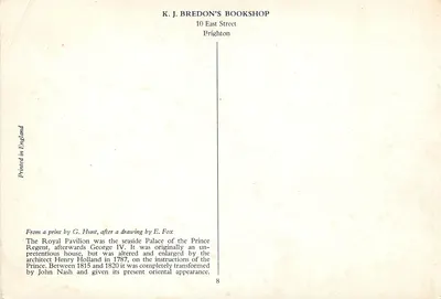 O Pavilhão Real, Brighton — Frente Leste — K. J. Bredon's Bookshop, Brighton — Verso