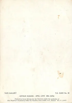 Vrouw in blauwe jurk en sjaal — schilderij van Arthur Hughes — Tate Gallery, T.G. Card No. 30 — Achterkant