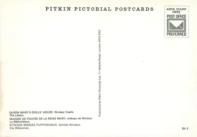 Biblioteka — Dom zabawek królowej Mary — Pitkin Pictorial Postcards — Rewers
