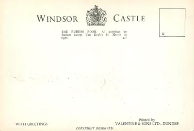 Zamek w Windsorze — Sala Rubensa — wydawca Valantine & Sons Ltd. nr 27 — Rewers