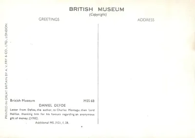 Daniel Defoe — List podziękowania dla Charlesa Montagu, Lorda Halifax — British Museum — Rewers