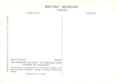 Ślub Jana I z Portugalii i Filipa z Lancaster — miniatura z rękopisu Jana de Wavrin — wydawca A.V. Fry & Co. Ltd. — Rewers
