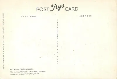 Piccadilly Circus, à noite, Londres — A.V. Fry & Co. Ltd. n° F.134 — Verso