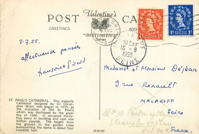 St Paul's Cathedral — vue de la coupole et du portail — Valentine's Post Greetings, série « Distinctive », n° H.9147 — Verso