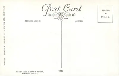 Clook e Torre de César, Castelo de Warwick — J. Salmon & Co., Sevenoaks Ltd. — série *836 — Verso