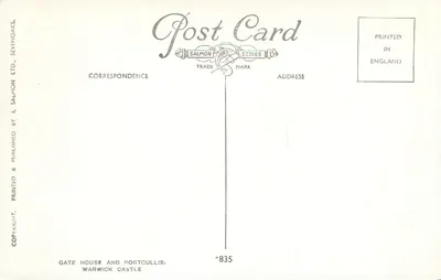 Portkullis i brama zamku — Zamkowy Warwick — wydawca Salmon & Co. n°835 — Rewers