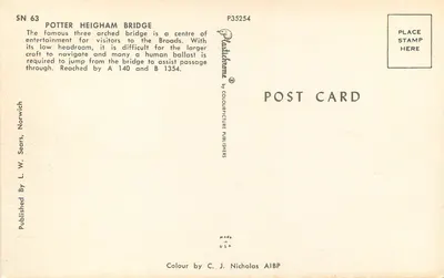 Potter Heigham Bridge — Most z trzema łukami — wydawca: Colour Picture Publishers, nr P35254 — Rewers