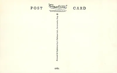 Oulton Broad — widok panoramiczny z jachtowym portem, regatami jachtowymi, hotelu Wherry i wolnym nabrzeżem — wydawca J. Salmon Ltd., seria Cameracolour, nr 648c — Rewers
