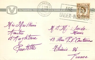 Zigzagowy ścieżek w Folkestone — noc — Valentine Printers & Publishers, n° M.3319 — Rewers