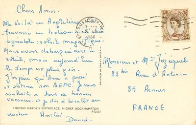 Local de nascimento de Thomas Hardy — Higher Bockhampton — Impresso no Reino Unido PT2431 — Verso