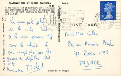 Clarence Pier à noite — Southsea — Pub. by C. G. Williams (Sussex) Ltd. — Verso