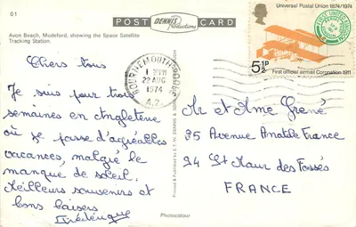Praia de Avon, Mudeford — Estação de monitoramento espacial — União Postal Universal 1874/1974 — Verso