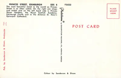 Princes Street, Edimburgo — vista panorâmica com o castelo de Edimburgo e a catedral — editor: Colour Picture Publishers, Ltd. — Verso