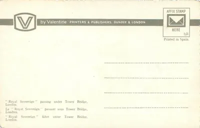 Statek "Royal Sovereign" przejeżdżający pod Mostem Tower w Londynie — Valentine Printers & Publishers, nr ET.4345R — Rewers
