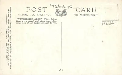 Abadia de Westminster, Londres — ilustração — publicado por Valentine & Sons, Ltd. — Verso