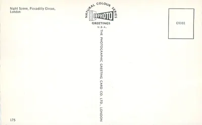 Piccadilly w nocy — Scena nocna, Piccadilly Circus, Londyn — seria Natural Colour, C9101 — Rewers