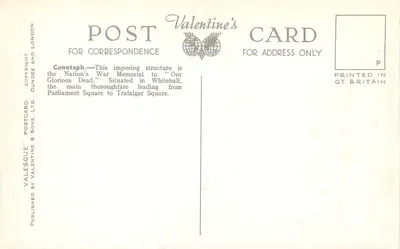 Le Cenotaph, Whitehall, Londyn — wydawca Valentine's Postcard, nr H.9156 — Rewers