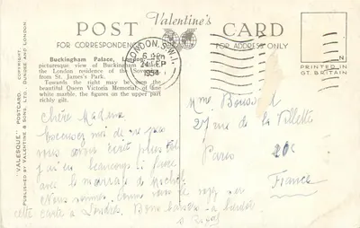 Pałac Buckingham, Londyn — widok uroczyściejszy z Parku St. James's — wydawca Valentine's Postcard, nr H 9146 — Rewers