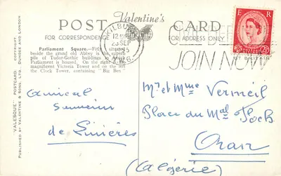 Parliament Square, Londyn — panoramiczny widok z Big Benem — Valesque Postcard & Sons, Ltd. nr K.919 — Rewers