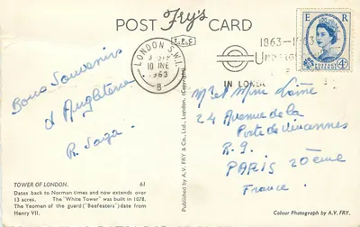 De Londense Tower — uitzicht met toeristboot — uitgegeven door A.V. Fry & Co. Ltd. — Achterkant