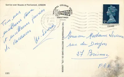 Wschód słońca nad Houses of Parliament, LONDON — Natural Colour Series — The Photographic Greeting Card Co. Ltd., LONDON n°1321 — Rewers