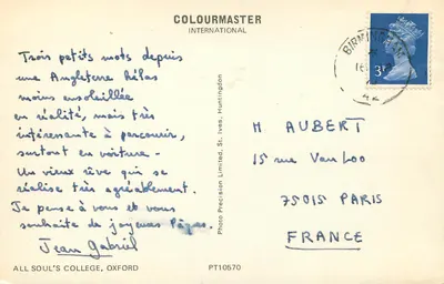 Widok z lotu nad klasztorem Oksfordu — All Souls College — wydawca Colourmaster International, nr PT10570 — Rewers