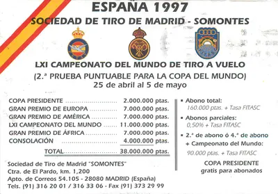Espanha 1997 — LXI Campeonato Mundial de Tiro ao Alvo — Sociedade de Tiro de Madrid Somontes — Verso