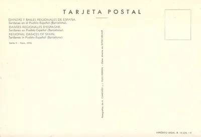 Sardany w Hiszpańskim Miasteczku (Barcelona) — Sardany w Hiszpańskim Miasteczku — Sardany w Hiszpańskim Miasteczku — seria II, nr 5015 — Wydawca A. Campaña y J. Puig-Ferrán — Rewers