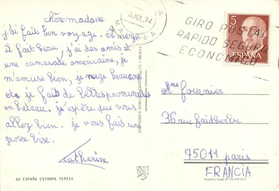 Dwie młode dziewczyny w strojach folklorystycznych i chłopiec na osiołku — Nerja, Hiszpania — Wydawnictwo Somorezo — Rewers