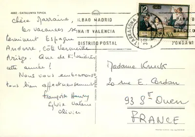 Dzieci w strojach katalońskich — Montserrat — wydawca Perla, nr 4682 — Rewers