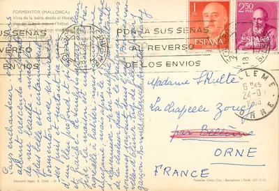 Bilhete postal moderno Formentor Mallorca — Verso