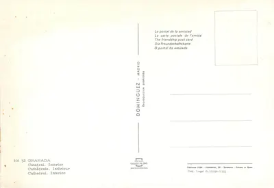 Catedral de Granada — Interior — Editor DOMINGUEZ ESCUDO DE ORO, n° 52 — Verso