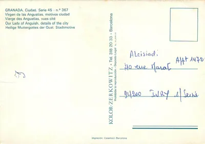 Granada — Vista da cidade e da Virgen de las Angustias — Kolor-Zerkowitz, série 45 n° 367 — Verso