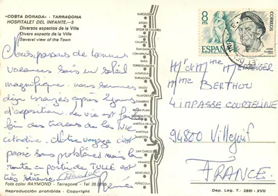 Hospitalet del Infanté — Widok miasta i plaży — Wydawca RAYMOND, Tarragone — Rewers