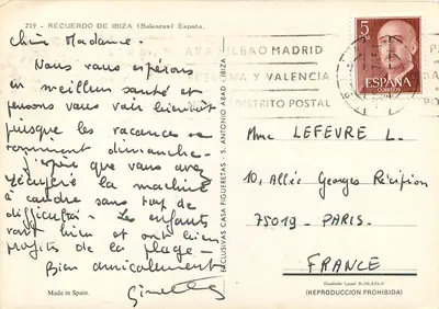 San Antonio, Santa Eulalia, San Miguel i Ibiza (Miasto) — Karta pocztowa turystyczna — Casa Figueretas, Ibiza — Rewers