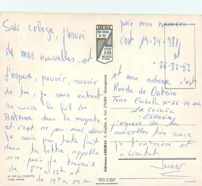 La Coruña — Vista aérea — Éditions Arribas, n° 183 — Verso