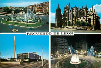 Recuerdo de León — vista da catedral, praças e fontes — Imp. A.G. Cobas, S.A. Barcelona