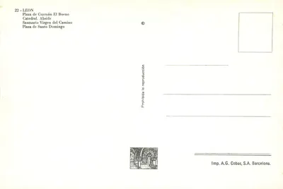 Recuerdo de León — vista da catedral, praças e fontes — Imp. A.G. Cobas, S.A. Barcelona — Verso