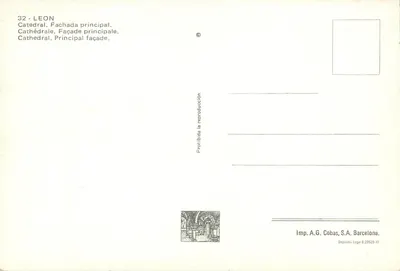 León — Catedral. Fachada principal — Imp. A.G. Cobas, S.A. Barcelona, n° 29528-XI — Verso