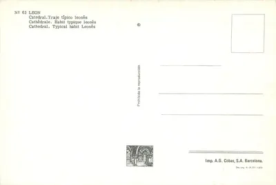Catedral de León — Traje típico leonés — Imp. A.G. Cobas, S.A. Barcelona — Verso