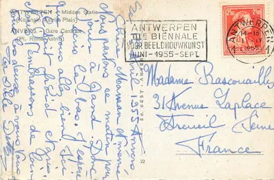 Antwerpen - Gare Centrale (Koningin Astrid Plein) — Biennale voor Beeldhouwkunst 1955 — Éd. Best, n°22 — Verso