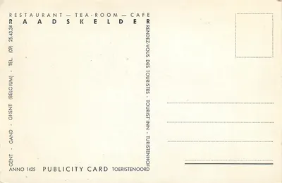 Restauracja Tea-Room Café Raadskelede — Gand, Belgia — Karta reklamowa Anno 1425 — Rewers