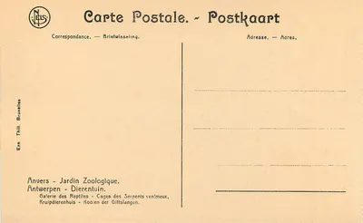 Anvers - Ogrodnictwo Zoologiczne — Galeria Reptili — Wydawca Thill, Bruksela — Rewers